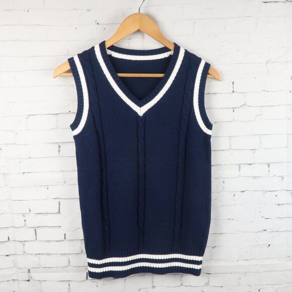NAVY WITH WHITE STRIPE PREPPY SLEEVELESS COTTON SWEATER VEST SIZE SMALL - Picture 1 of 5